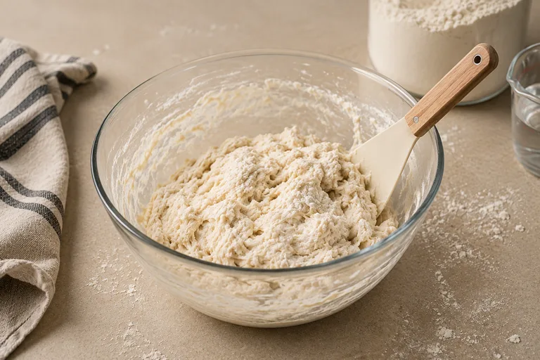 Rough, fully hydrated pizza dough in a bowl after the initial mix